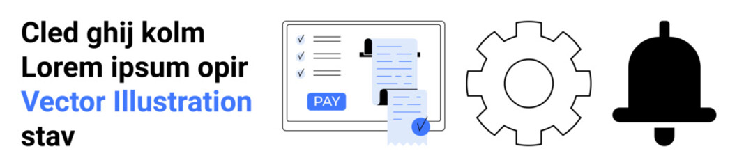 Payment screen highlighting transaction confirmation. Includes a receipt, gear for settings, and bell for notifications. Ideal for finance, technology, apps, alerts, payments process control
