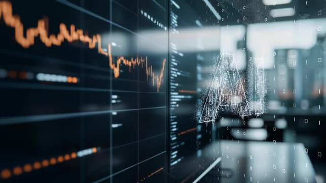 A sleek AI-driven economy visualization, stock trading interface blended with futuristic financial algorithms