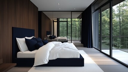 A sleek, contemporary bedroom with a deep navy and ivory color palette