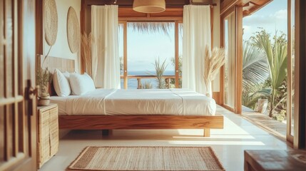 Sun-drenched bedroom overlooking ocean vista blending luxury and tropical serenity