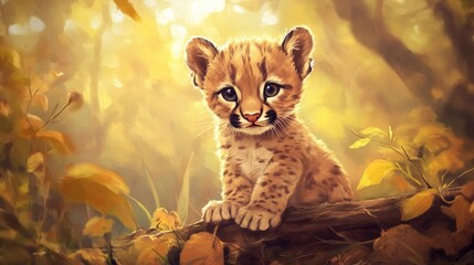 An adorable young cub sits in a forest of warm colors