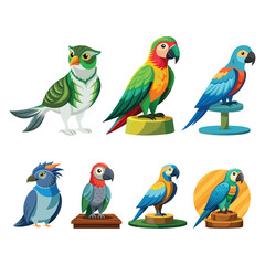 a set of flat illustrations of a parrot, with different colors
