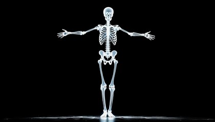 Detailed Digital Rendering of a Human Skeleton in a Dramatic Pose Against Black Background