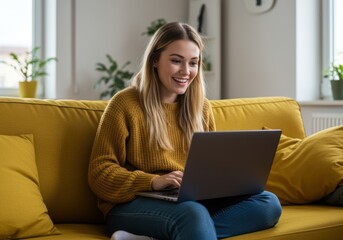 Naklejka premium Smiling woman using laptop on cozy yellow sofa in bright living room interior