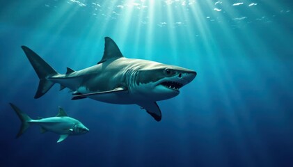 Naklejka premium Great white shark hunting small fish in blue ocean, zoology, scale, ecosystem
