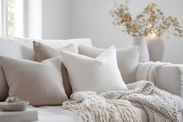 A serene living room with natural tones, soft throws, and gentle ambient light creating a Scandinavian vibe