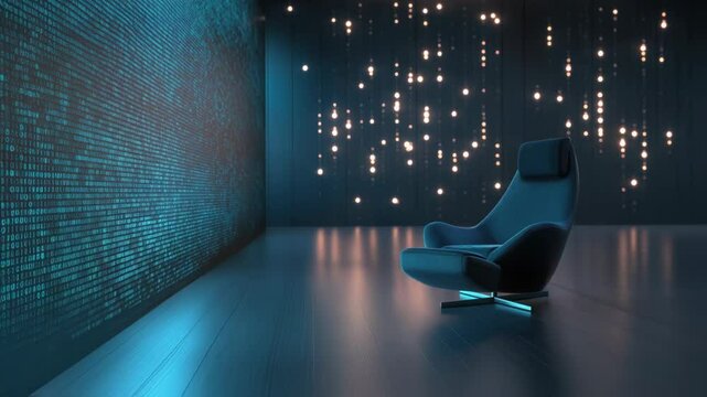 Comfortable modern armchair placed in an empty room with futuristic neon lights and binary code patterns creating a relaxing and technologically advanced atmosphere