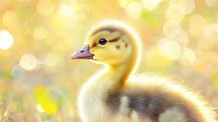 Obraz premium A fluffy yellow duckling is looking towards the right side direction