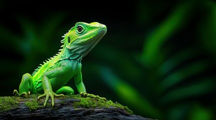 Obraz premium A vibrant green lizard perched gracefully on a mossy log