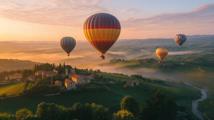 Colorful hot air balloons float over a picturesque Italian landscape at sunrise, creating a stunning visual spectacle in the serene skies