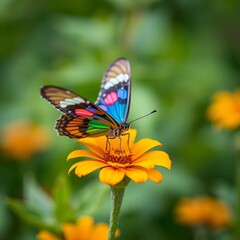 Obraz premium Vibrant butterfly perching on an orange flower Generative AI image