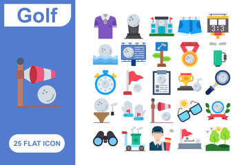 Golf Flat Icon Set, Collection of 25 Golf Flat Icon Set – 25 Sports, Club, and Tournament Icons