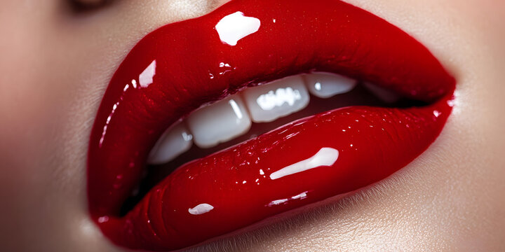 Closeup glossy red lips with teeth, fashion beauty red lipstick, shiny luscious lips, high-definition makeup, lip art inspiration
