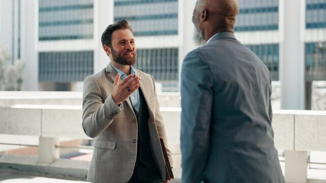 Bridge, handshake and welcome with business people outdoor in city for collaboration or meeting. Building, introduction and shaking hands with employee men talking in urban town for negotiation