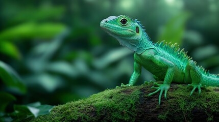 Fototapeta premium A vibrantly colored green lizard resting on a moss covered branch