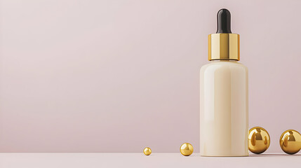 Naklejka premium Beige Cosmetic Serum Bottle With Gold Dropper And Golden Spheres On Pink Background With Empty Space For Brand Placement Ideal For Beauty Product