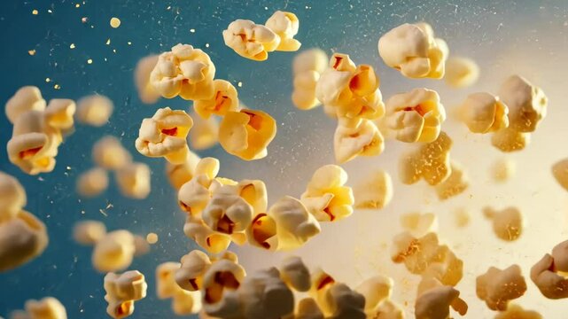 Slow motion burst of popcorn midair against vibrant background