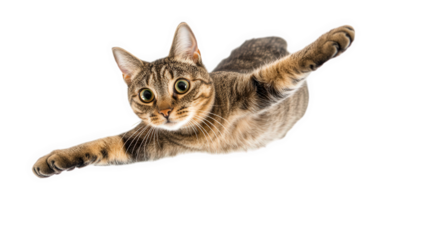 a playful tabby cat appears to be leaping or flying with its paws extended set against a plain white background creating a dynamic and whimsical effect