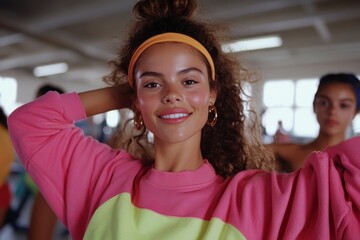 A joyful young woman poses in vibrant workout clothing, exuding positivity and energy, emphasizing the lively spirit of fitness and camaraderie in an engaging training environment.