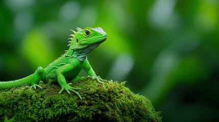 Obraz premium A bright green lizard perched on a moss covered surface