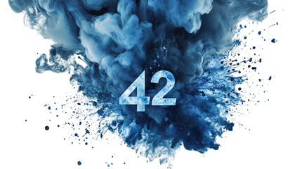 a dramatic explosion of blue smoke and splashes surrounding the number 42 symbolizing significance and mystery it evokes curiosity and creativity often associated with science fiction
