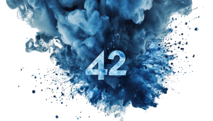a dramatic explosion of blue smoke and splashes surrounding the number 42 symbolizing significance and mystery it evokes curiosity and creativity often associated with science fiction