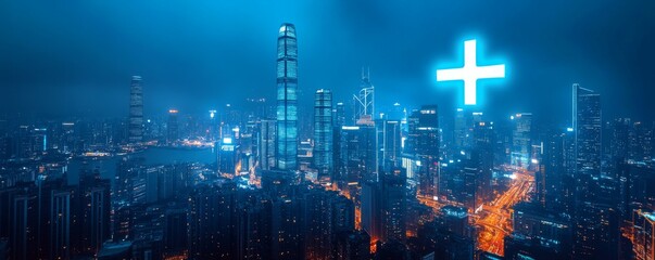 Obraz premium Cityscape at night with glowing cross and illuminated buildings.