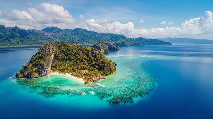 Fototapeta premium Stunning aerial view of tropical island paradise with pristine waters and lush greenery.
