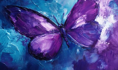 Obraz premium Purple butterfly painted on a vibrant, swirling blue background.
