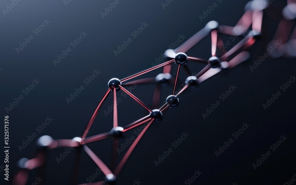 Poster abstract 3d rendering of a network connection, showing metallic spheres linked by thin red lines aga