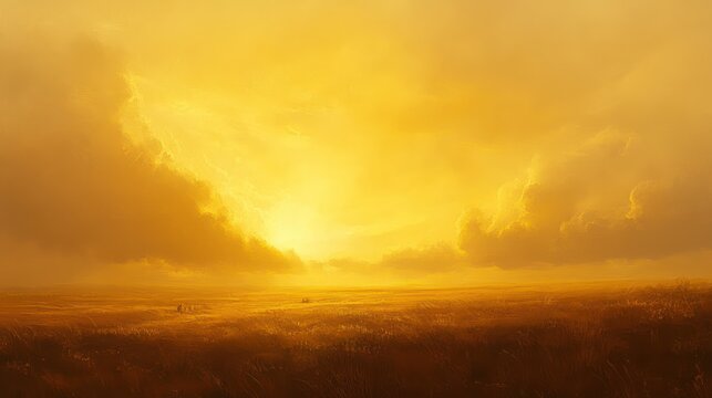 A golden landscape under a bright and dramatic cloudy sky