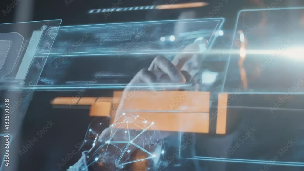 Poster software engineer working with transparent augmented reality glasses interacting with holographic in