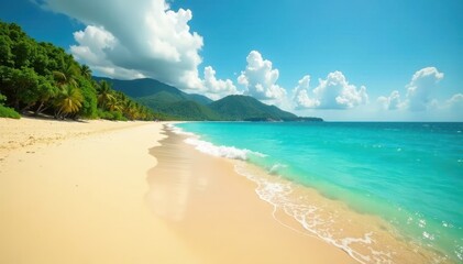 Fototapeta premium Golden sand, emerald sea stretches to distant hills , coastal, summer