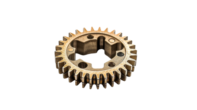 Close-up of brass gear rotating on transparent background