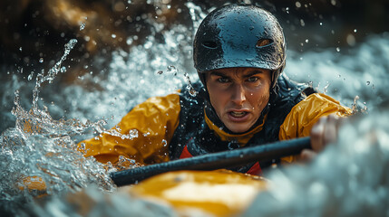 Adventurous kayaker navigates turbulent rapids in a scenic river during daytime, showcasing determination and skill in water sports