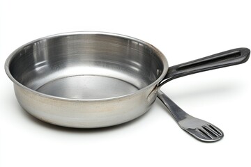 Empty stainless steel frying pan with handle and spatula