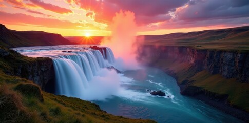 Fototapeta premium Godafoss cascade, fiery sunset sky, summer cliff edge , photography, river