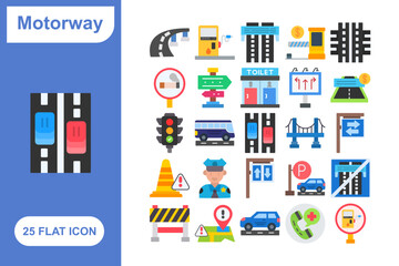 Motorway Flat Icon Set, Collection of 25 Motorway Flat Icon Set – 25 Highway, Road, and Traffic Signs Icons