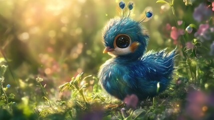 Obraz premium Adorable fluffy bird with a beautiful peacock feather crown in garden
