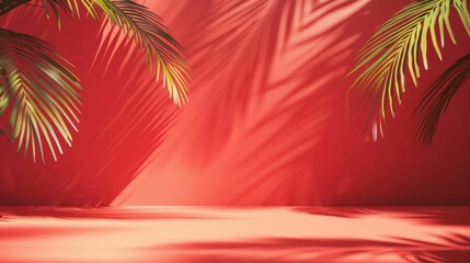 Vibrant red background with tropical palm leaf shadows, creating a warm and exotic ambiance perfect for summer-themed designs.