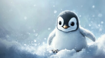 A cute little penguin standing in a snowy winter scene