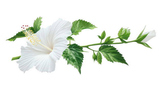 a white hibiscus flower with lush green leaves showcasing its delicate petals and reproductive structures suitable for botanical studies or decorative purposes