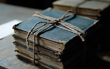 A stack of vintage blue books bound together with twine rests on a rustic wooden surface. The books show signs of age and wear, adding to their antique charm. The low-key lighting enhances the aged