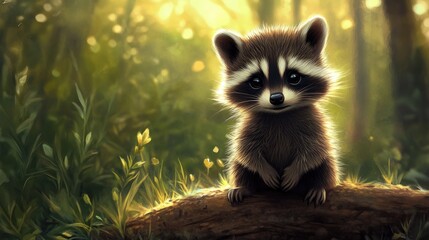 An adorable baby raccoon sitting peacefully in a forest scene