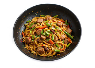Stir Fry Noodles with Beef and Vegetables in a Wok