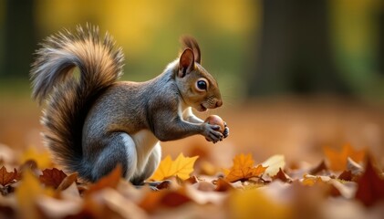 Grey squirrel foraging for nuts in autumn park, urban, brown