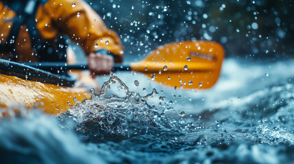 Paddler navigates rapid waters in a vibrant orange kayak while droplets spray in all directions under a moody sky