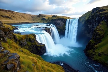 Fototapeta premium Icelandic waterfall cascading over basalt cliffs, cliff, untamed nature, motion