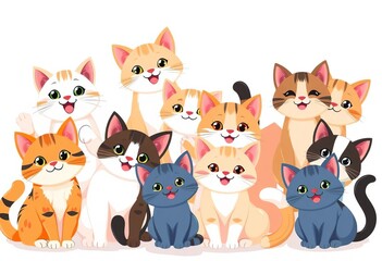 Adorable cartoon cats in various poses, flat color style, perfect for backgrounds, background design, playful
