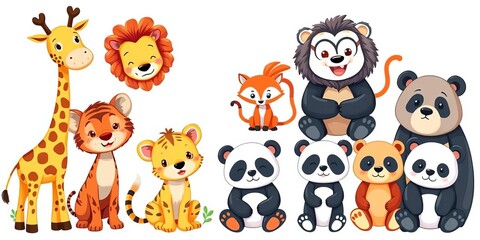 Adorable cartoon giraffes, lions, tigers, monkeys, foxes, pandas, and bears on white, fabric, toddler